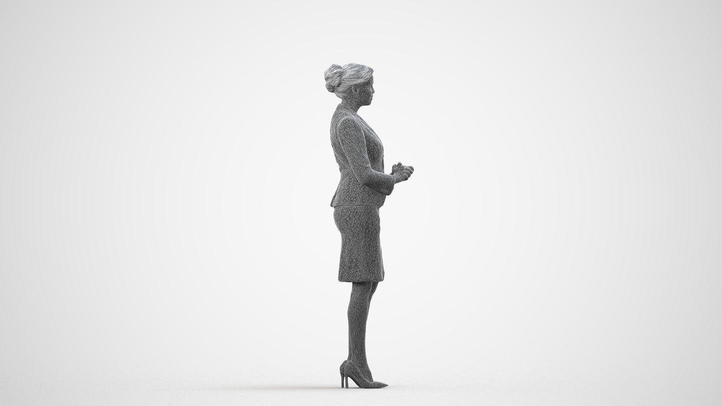 3D scanned woman standing, photorealistic archviz people for Enscape and SketchUp, wireframe side view