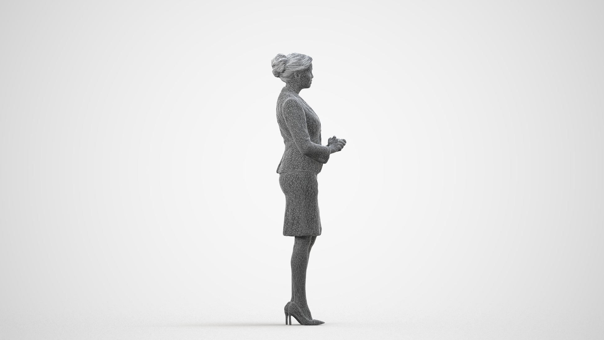 3D scanned woman standing, photorealistic archviz people for Enscape and SketchUp, wireframe side view