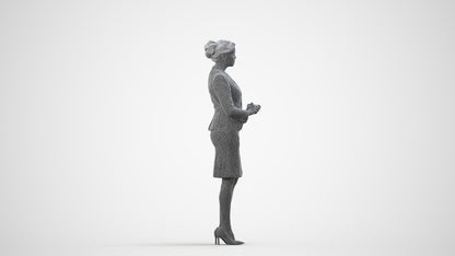 3D scanned woman standing, photorealistic archviz people for Enscape and SketchUp, wireframe side view