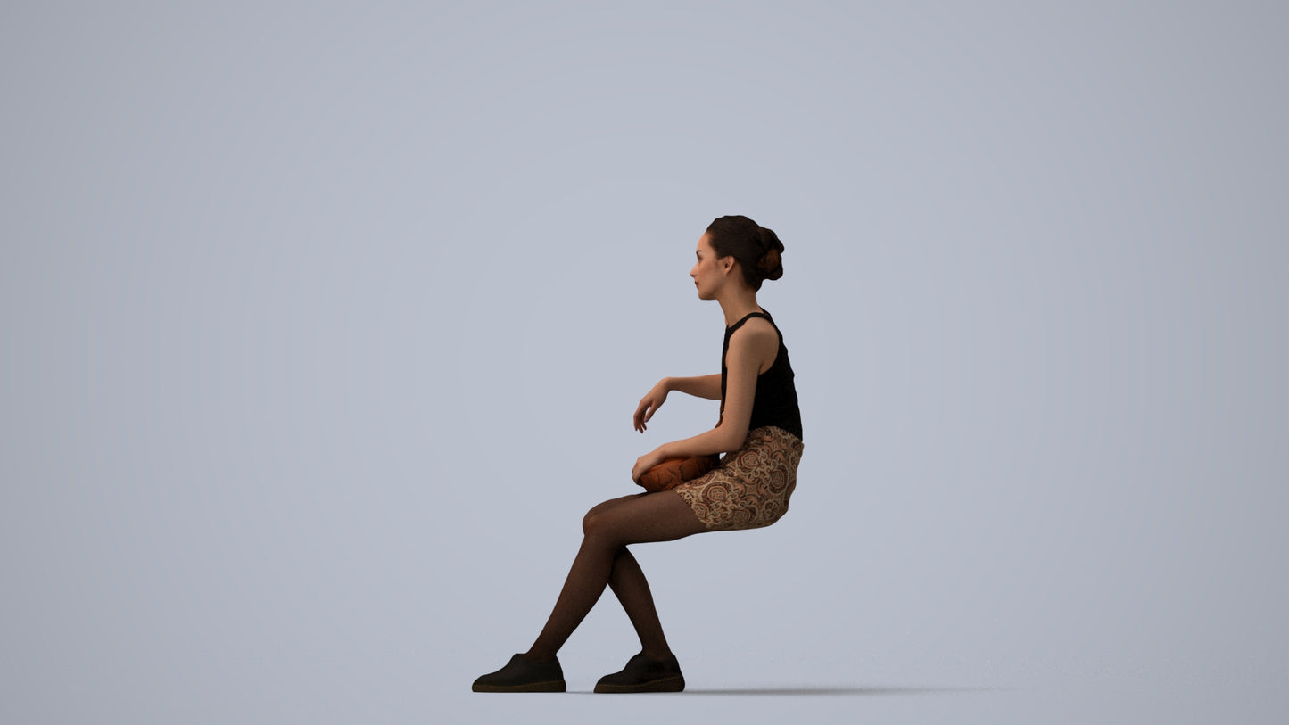 photogrammetry 3D woman casual sitting, realistic human model archviz FBX, three-quarter view render