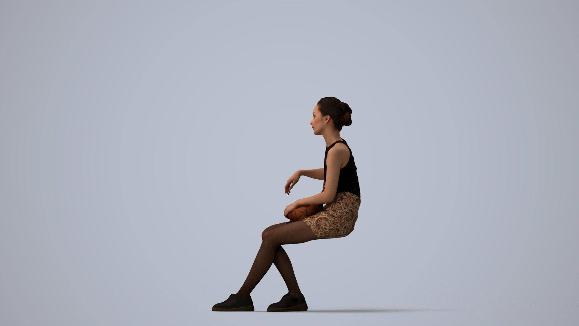 photogrammetry 3D woman casual sitting, realistic human model archviz FBX, three-quarter view render