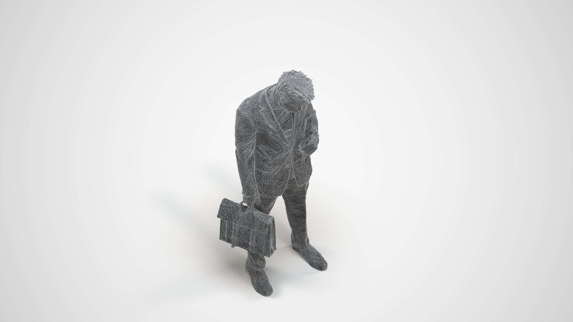 photogrammetry 3D man business standing, realistic human model archviz FBX, wireframe three-quarter view