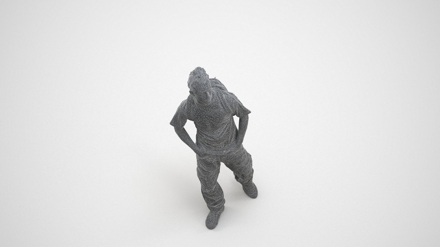 3D human model man casual walking, photogrammetry scanned person for archviz, wireframe three-quarter view