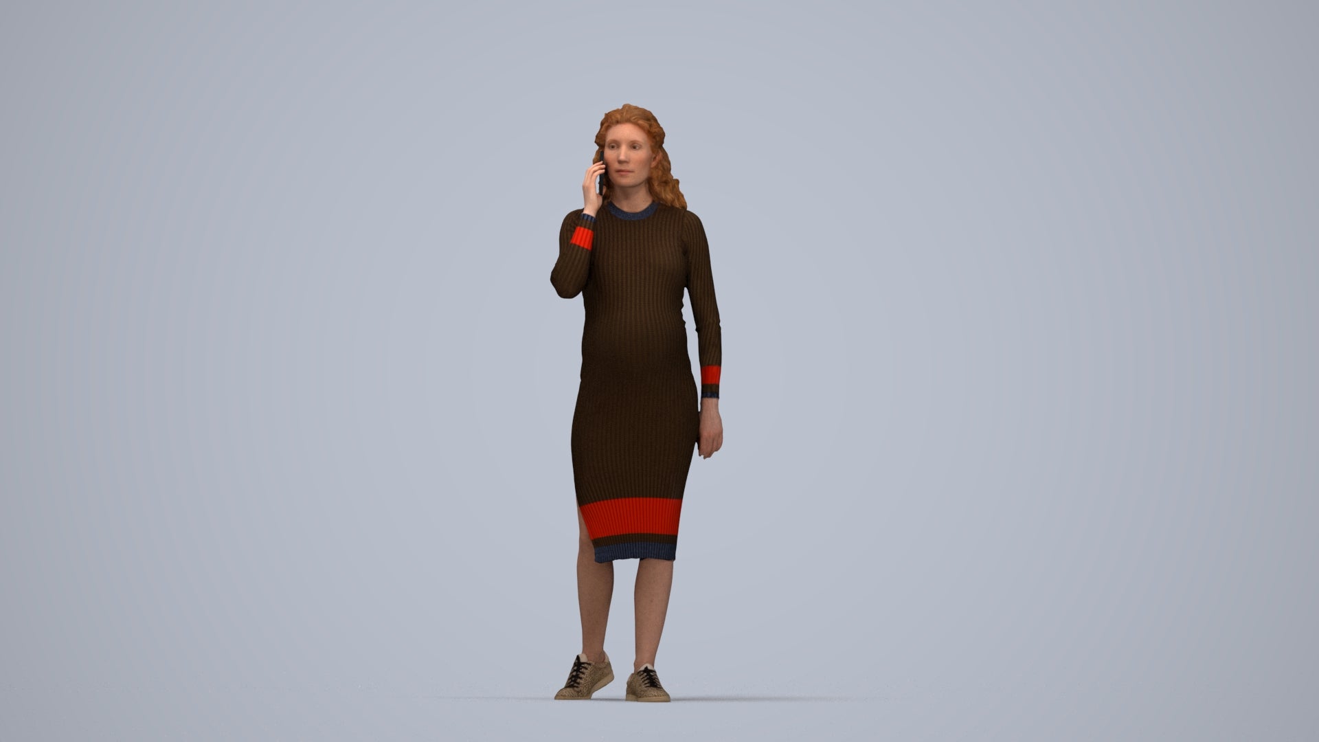3D human model woman casual walking, photogrammetry scanned person for archviz, top-down view render