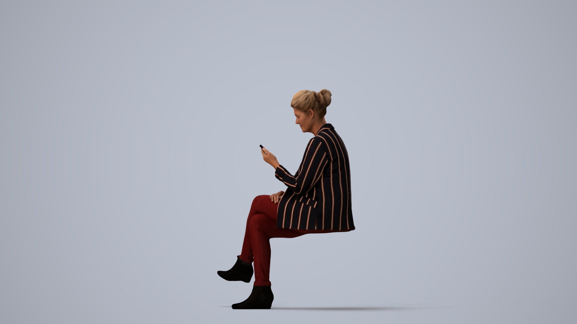 3D scanned woman sitting business, photorealistic archviz people for Enscape and SketchUp, three-quarter view render