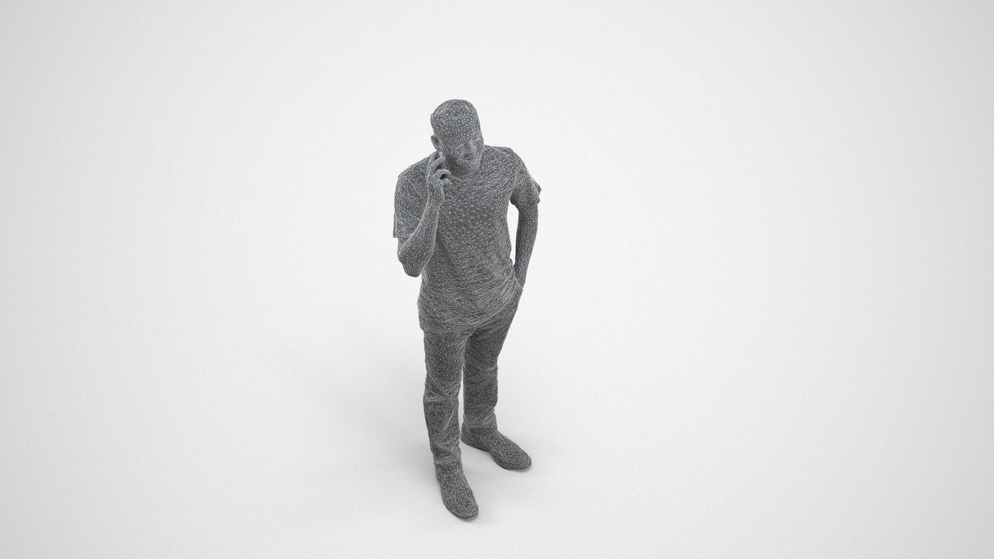 photogrammetry 3D man casual standing, realistic human model archviz FBX, wireframe three-quarter view