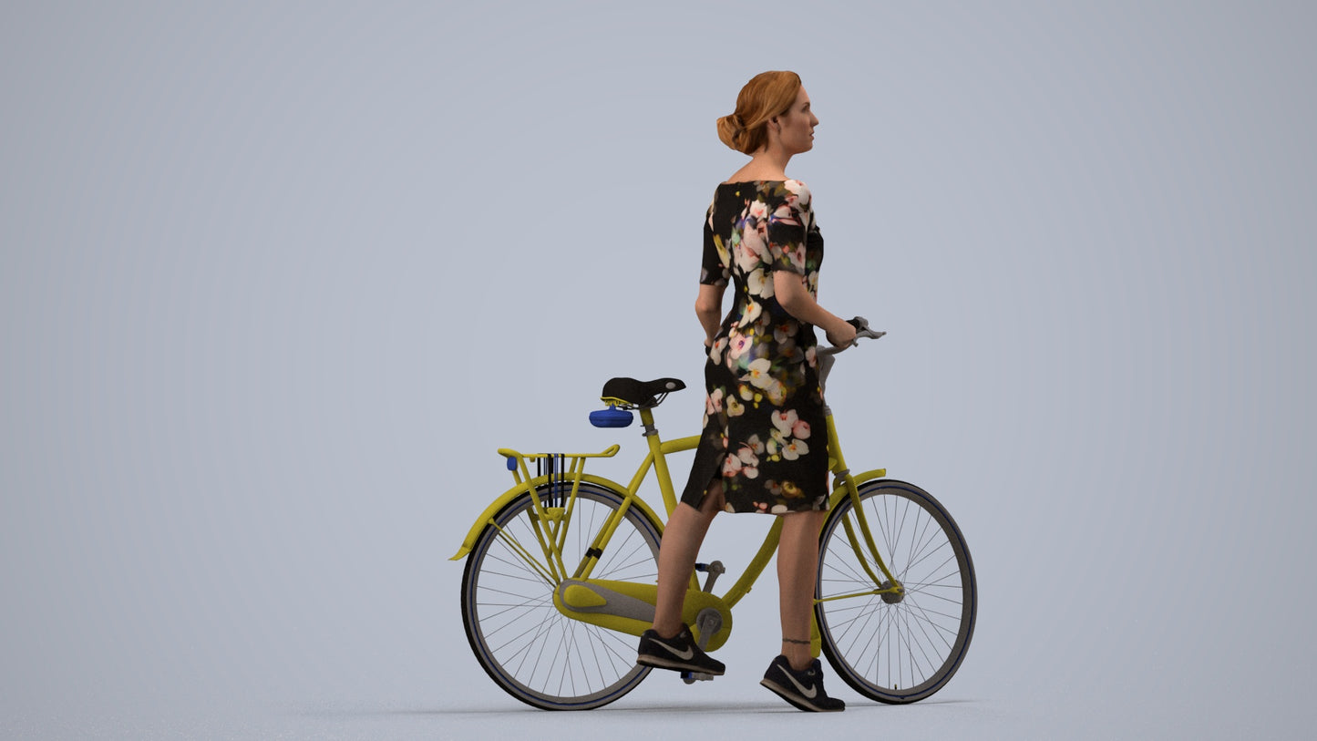 realistic 3D senior woman casual cycling, scanned archviz people for Blender and 3ds Max, side view render