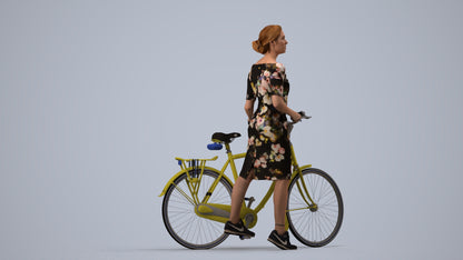 realistic 3D senior woman casual cycling, scanned archviz people for Blender and 3ds Max, side view render