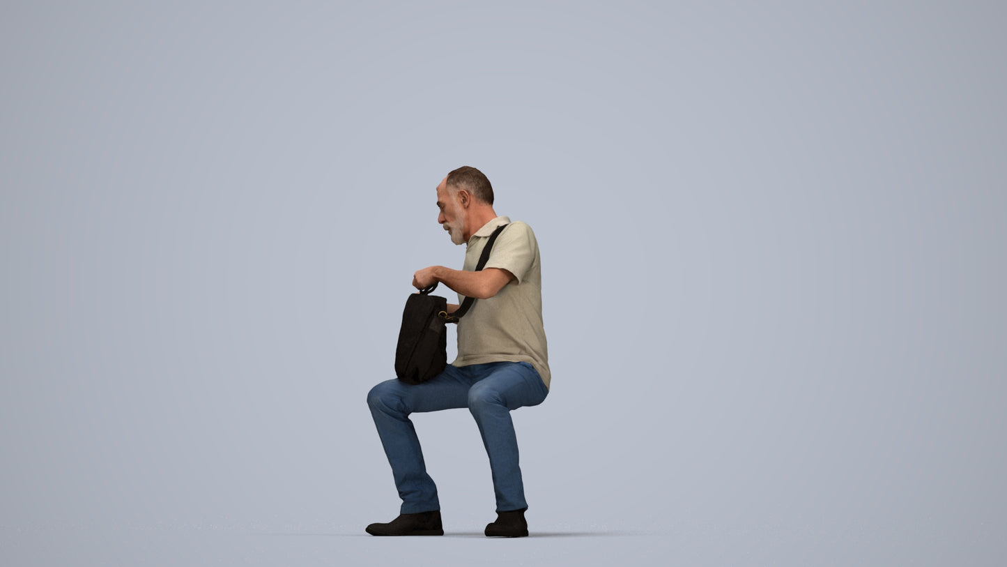 realistic 3D human senior man casual sitting, archviz people FBX OBJ for Blender, top-down view render