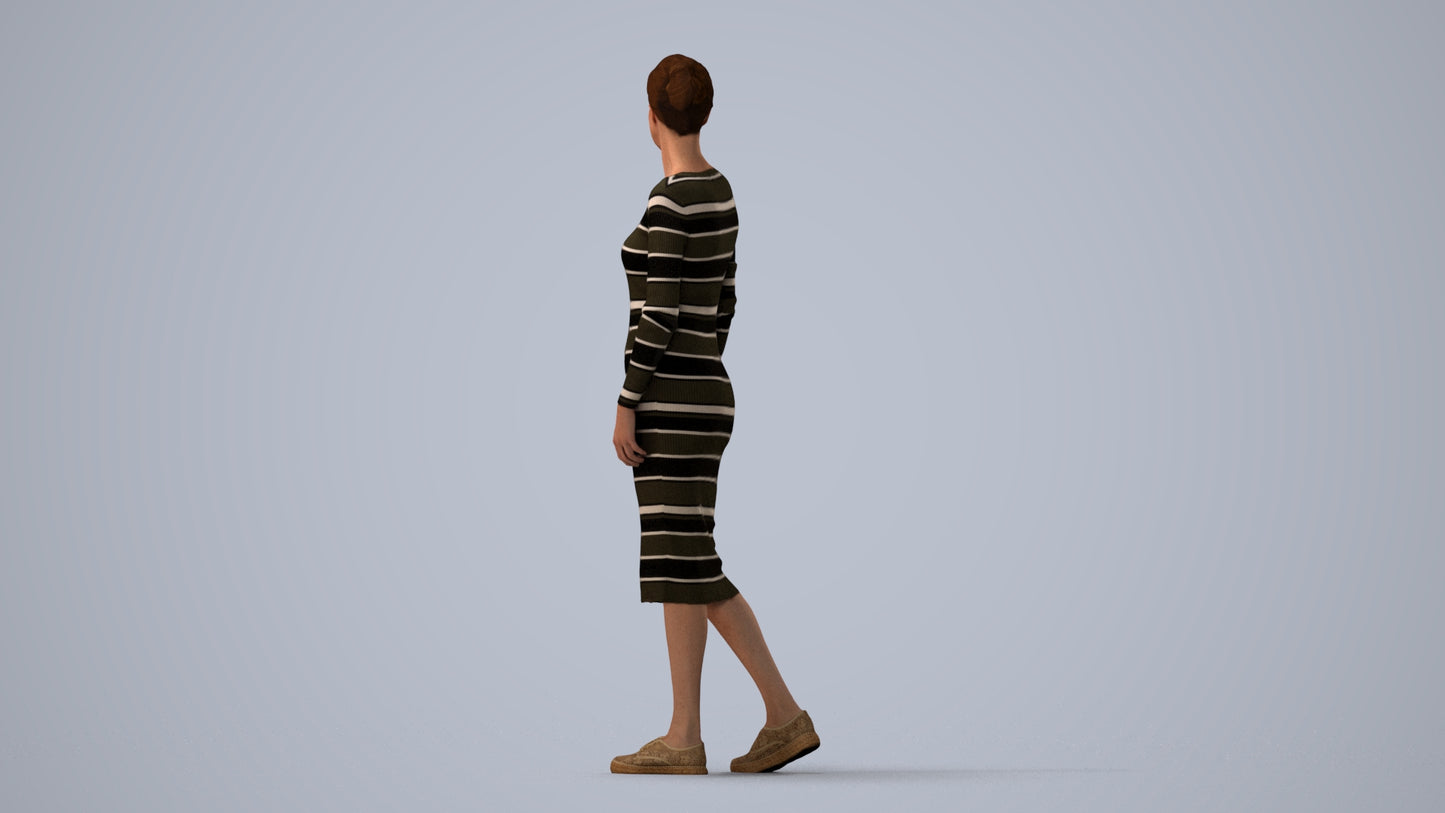 3D scanned woman walking casual, photorealistic archviz people for Enscape and SketchUp, three-quarter view render