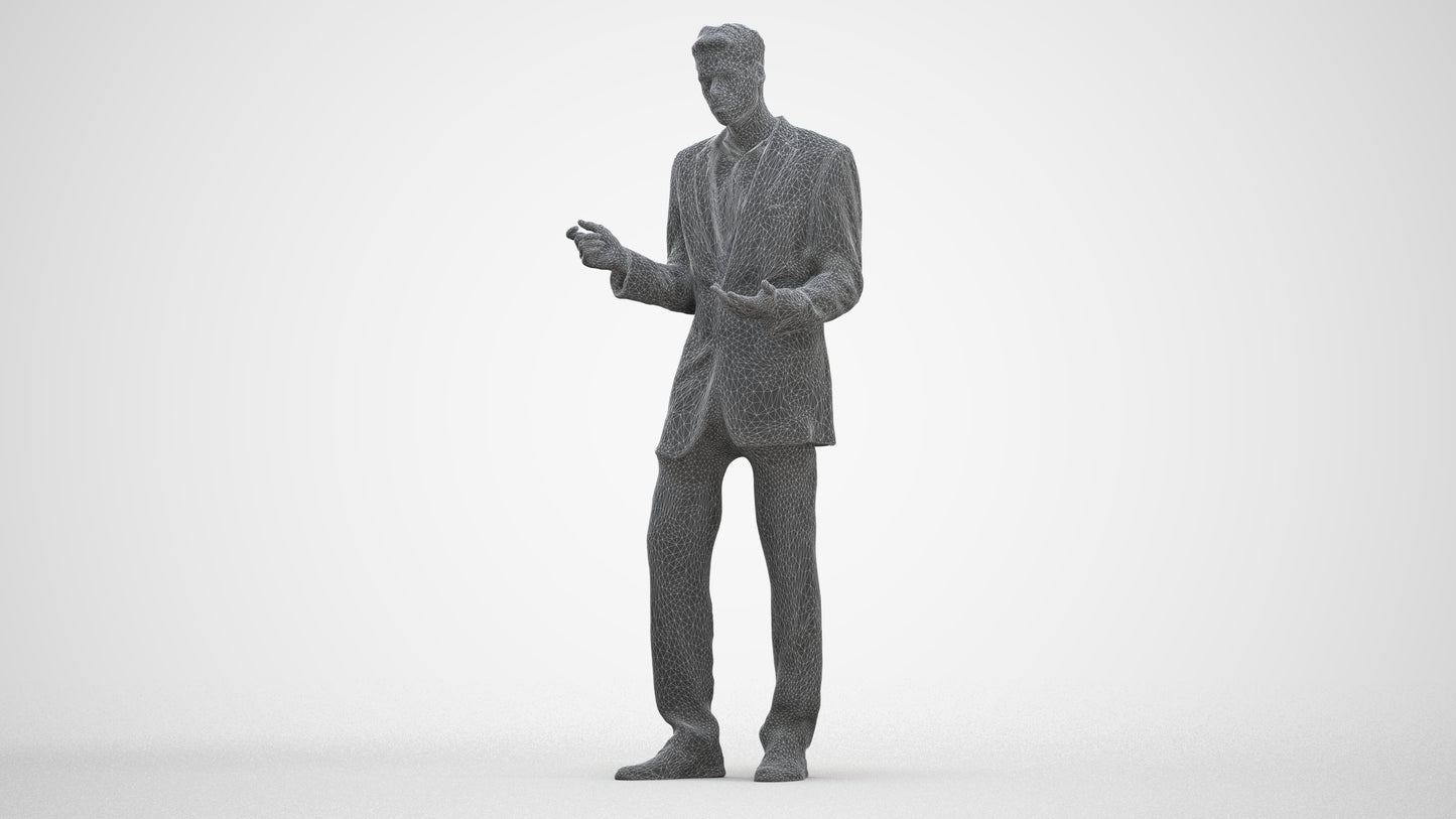 3D human model man business, photogrammetry scanned person for archviz, three-quarter front view render