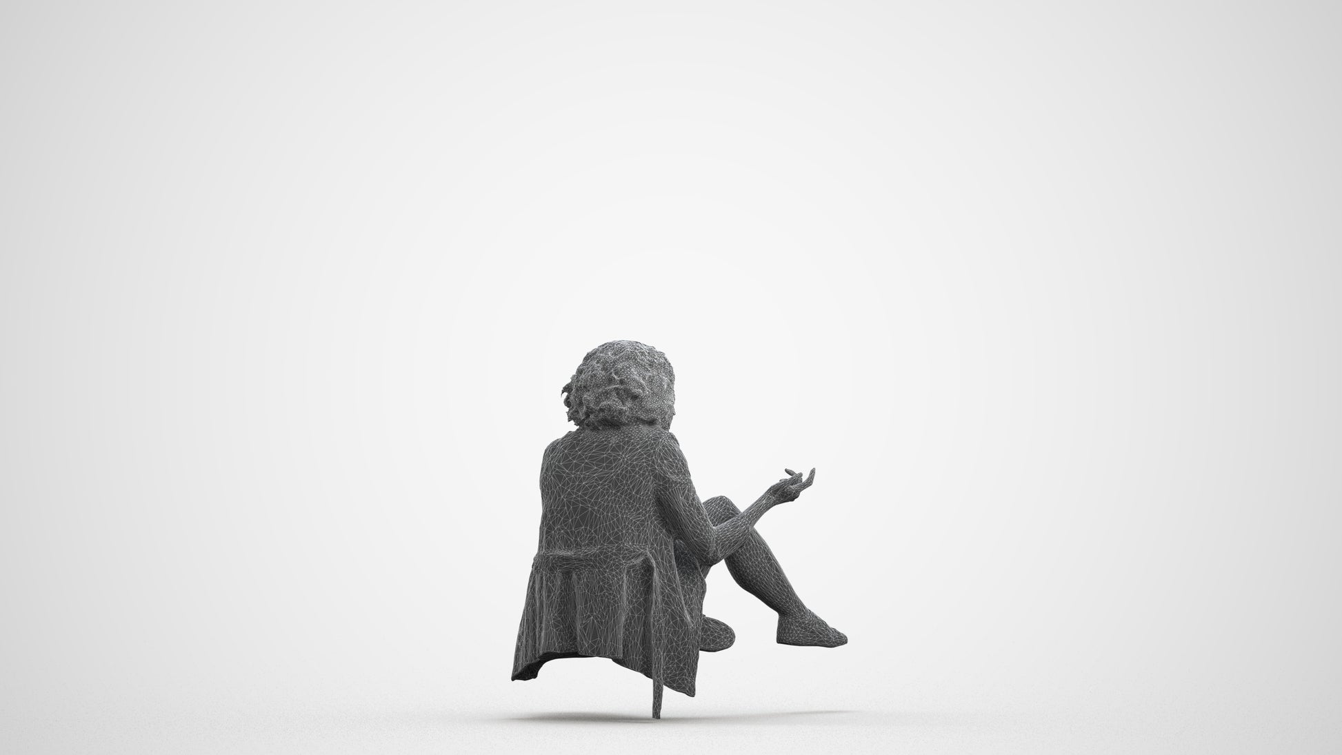 3D human model woman business sitting, photogrammetry scanned person for archviz, wireframe front view