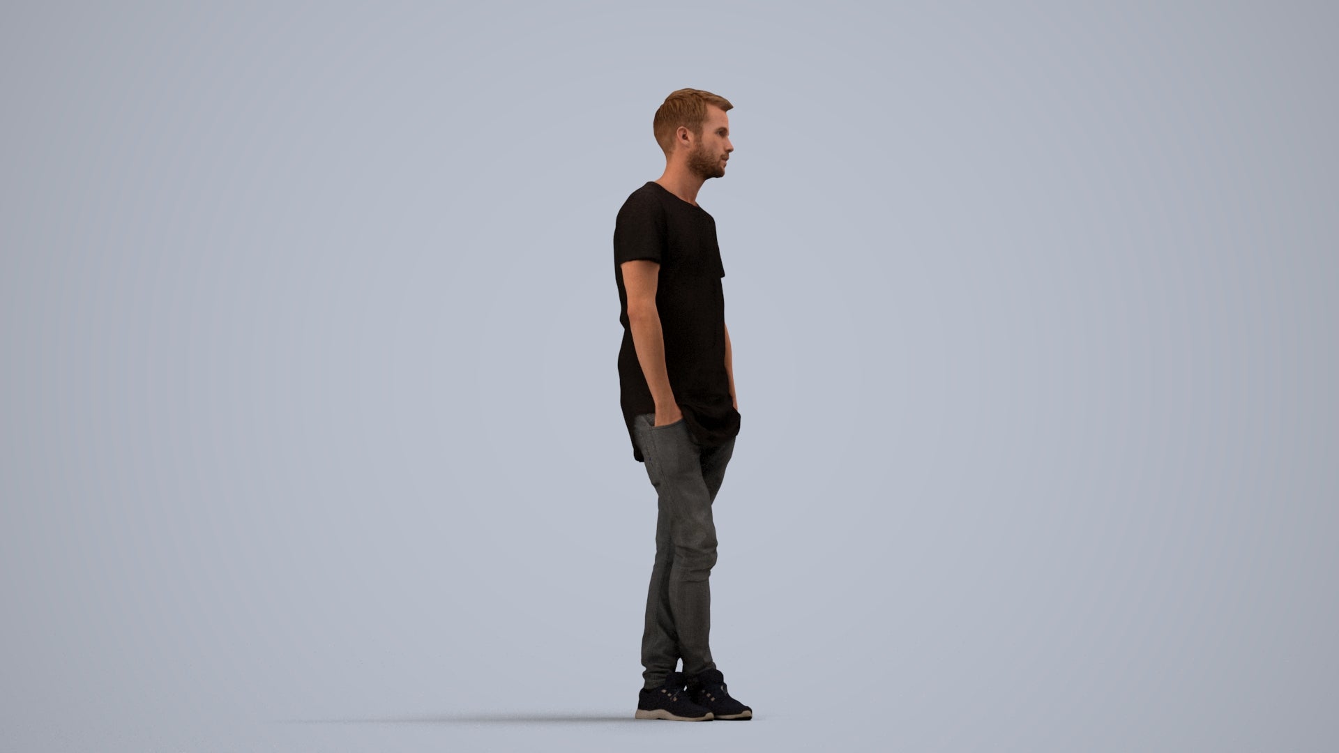 realistic 3D human man casual standing, archviz people FBX OBJ for Blender, side view render