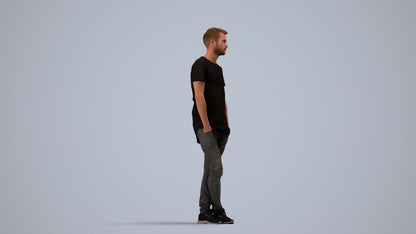 realistic 3D human man casual standing, archviz people FBX OBJ for Blender, side view render