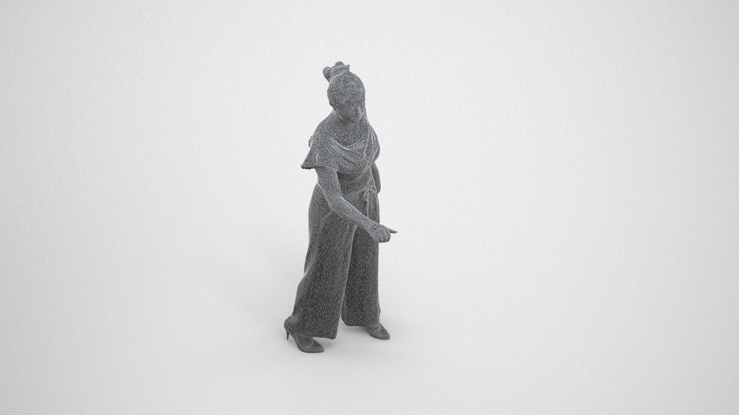realistic 3D woman casual standing, scanned archviz people for Blender and 3ds Max, wireframe three-quarter view