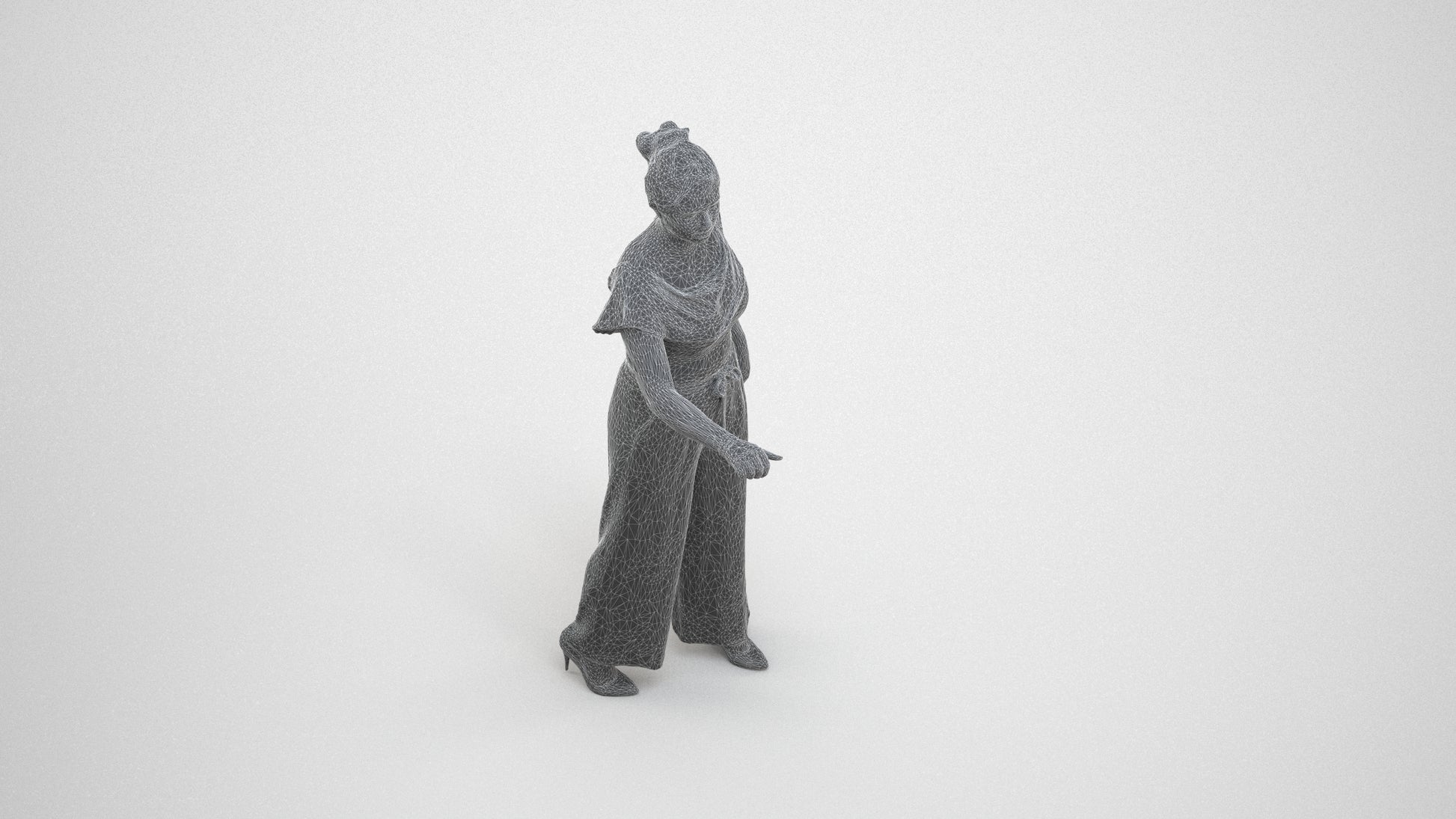 realistic 3D woman casual standing, scanned archviz people for Blender and 3ds Max, wireframe three-quarter view