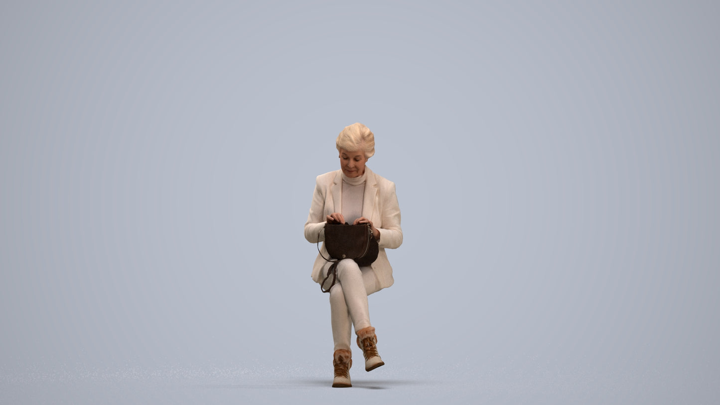 photogrammetry 3D senior woman business sitting, realistic human model archviz FBX, standing pose render