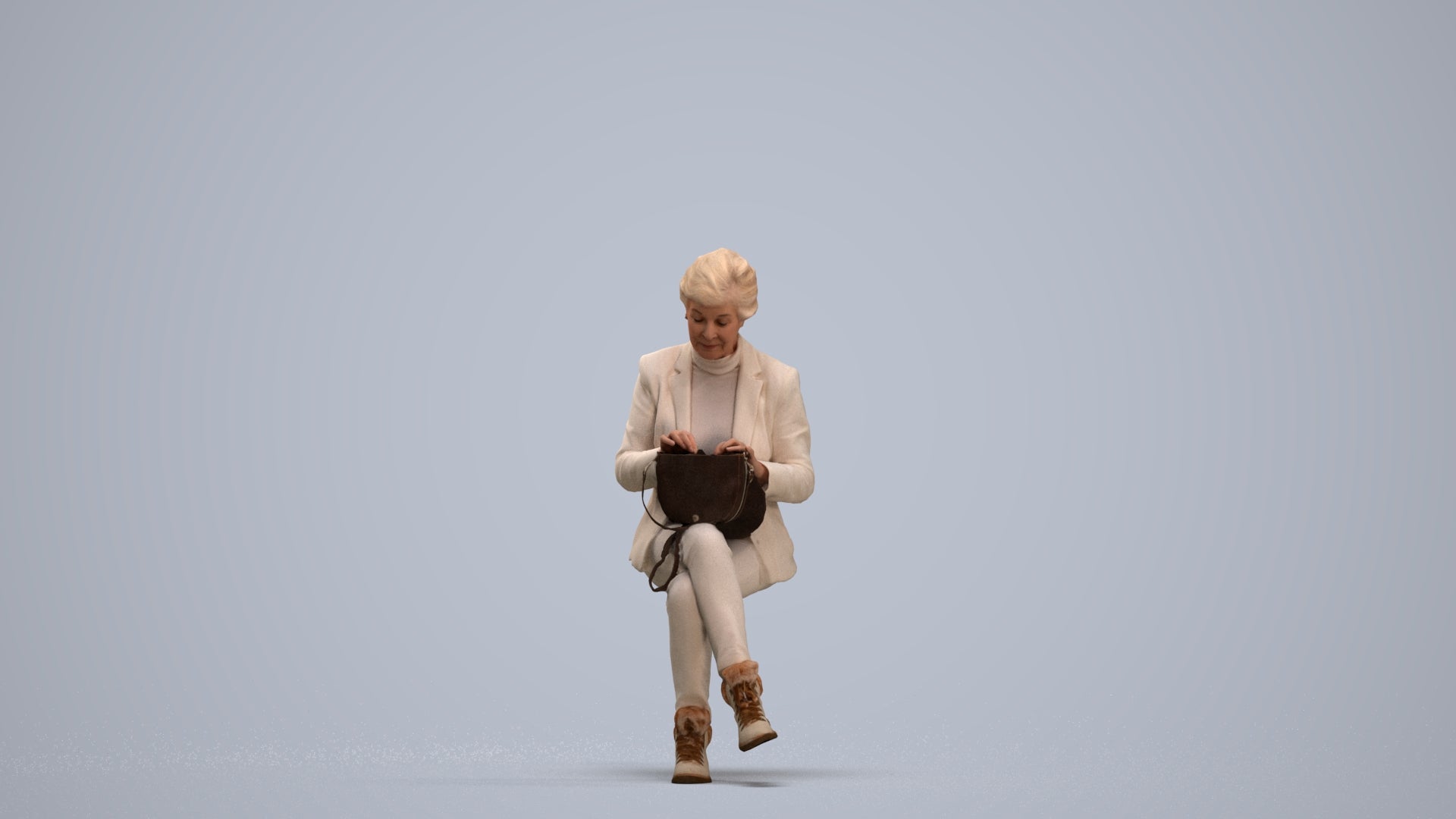 photogrammetry 3D senior woman business sitting, realistic human model archviz FBX, standing pose render