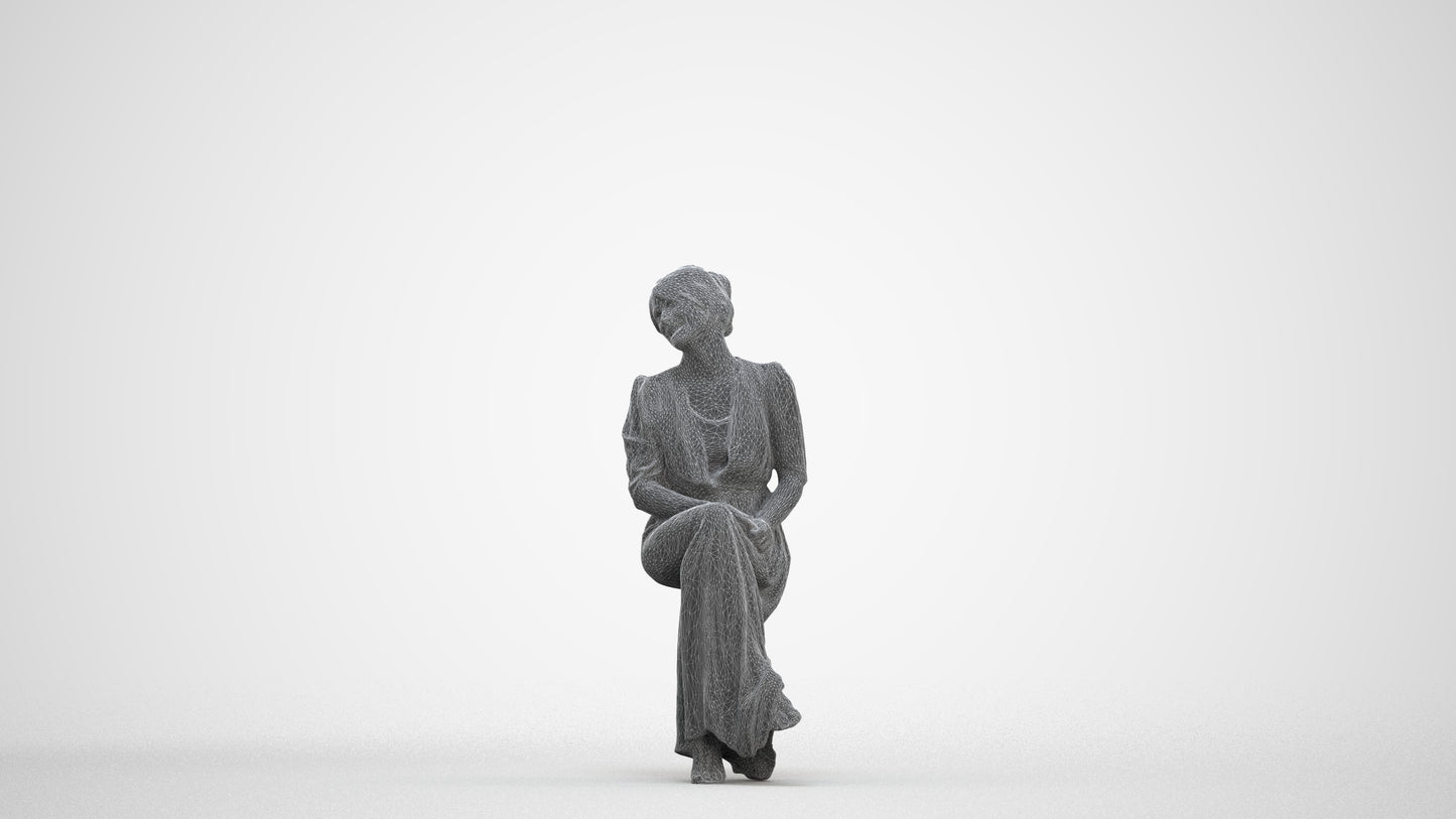 3D scanned woman sitting casual, photorealistic archviz people for Enscape and SketchUp, three-quarter front view render