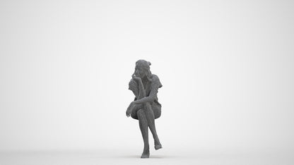 realistic 3D human woman casual sitting, archviz people FBX OBJ for Blender, three-quarter front view render