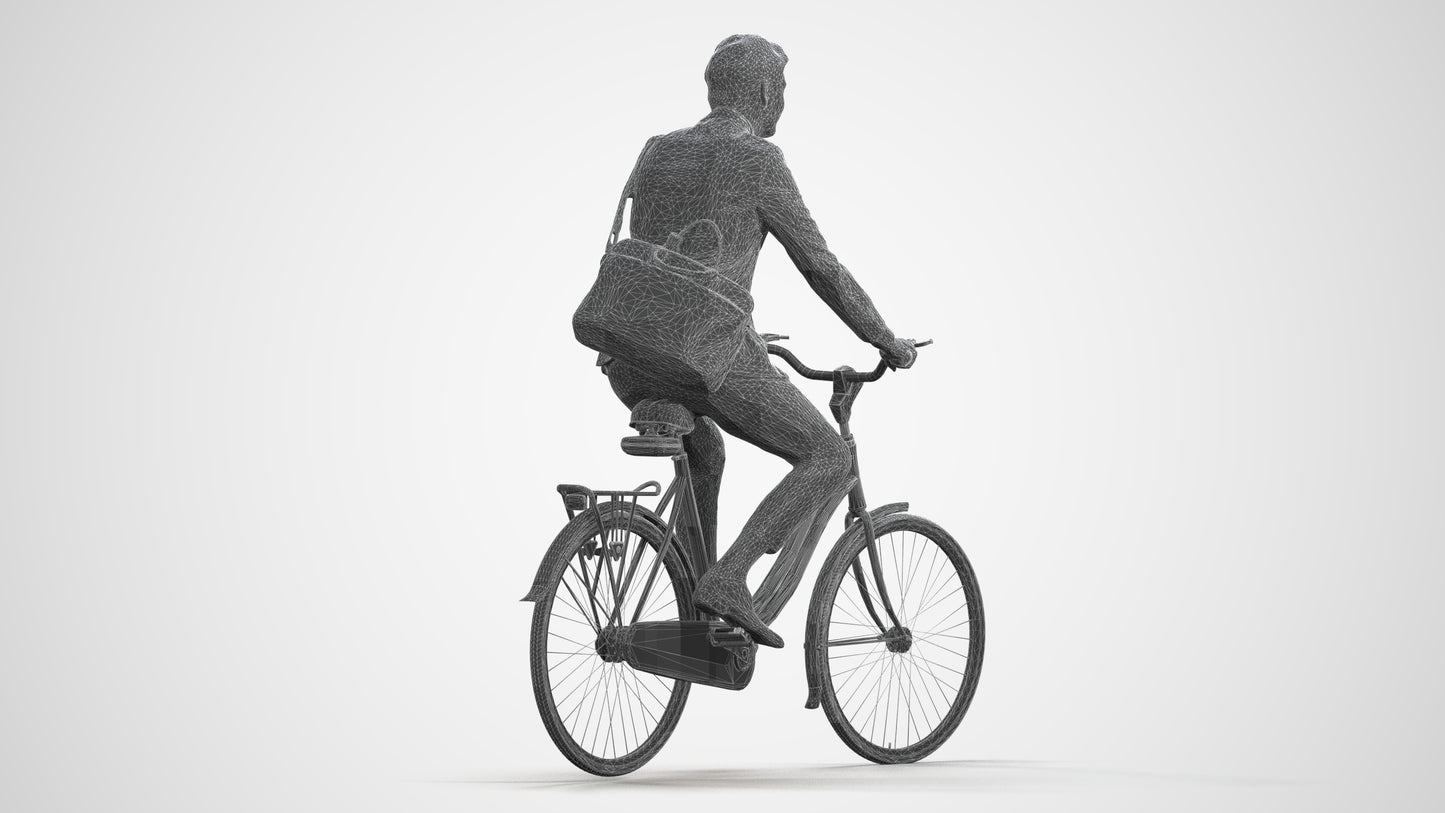 photogrammetry 3D man business cycling, realistic human model archviz FBX, wireframe front view