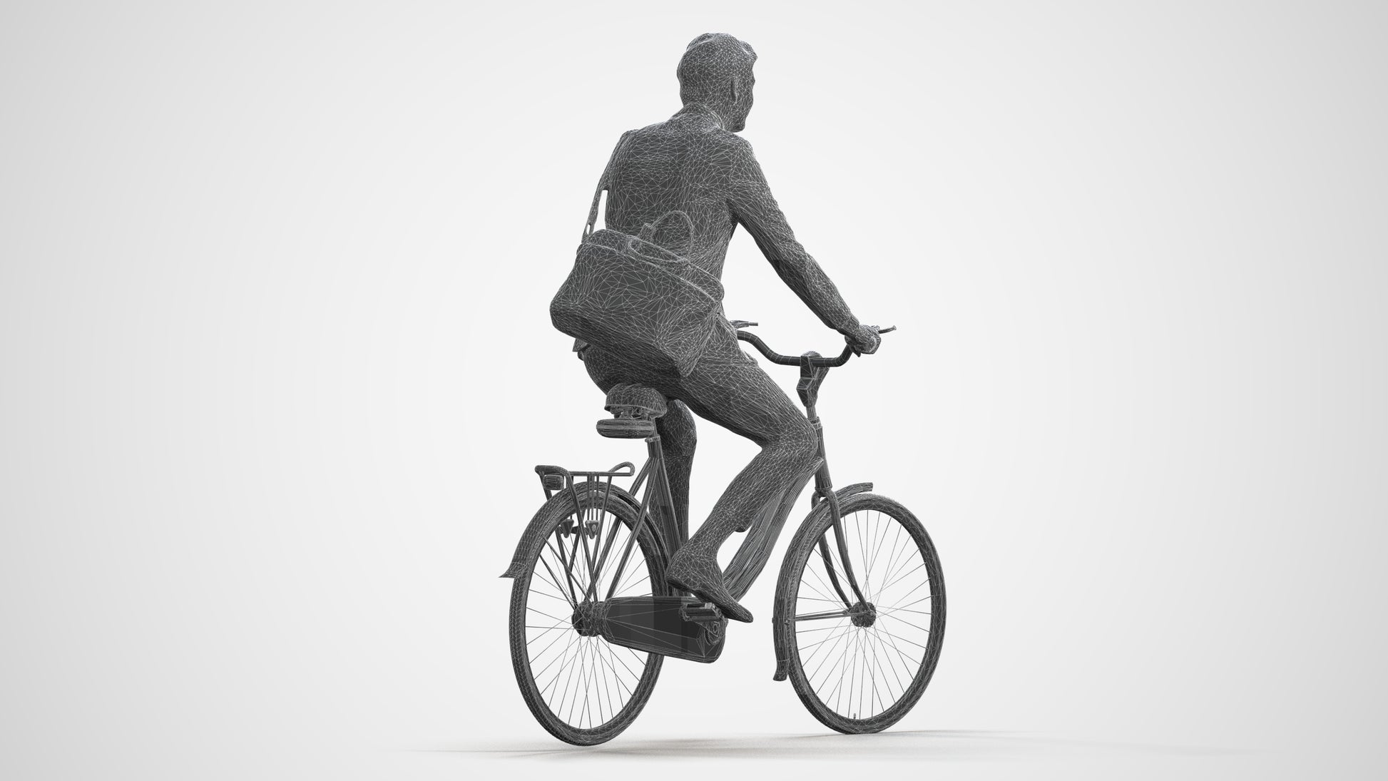 photogrammetry 3D man business cycling, realistic human model archviz FBX, wireframe front view