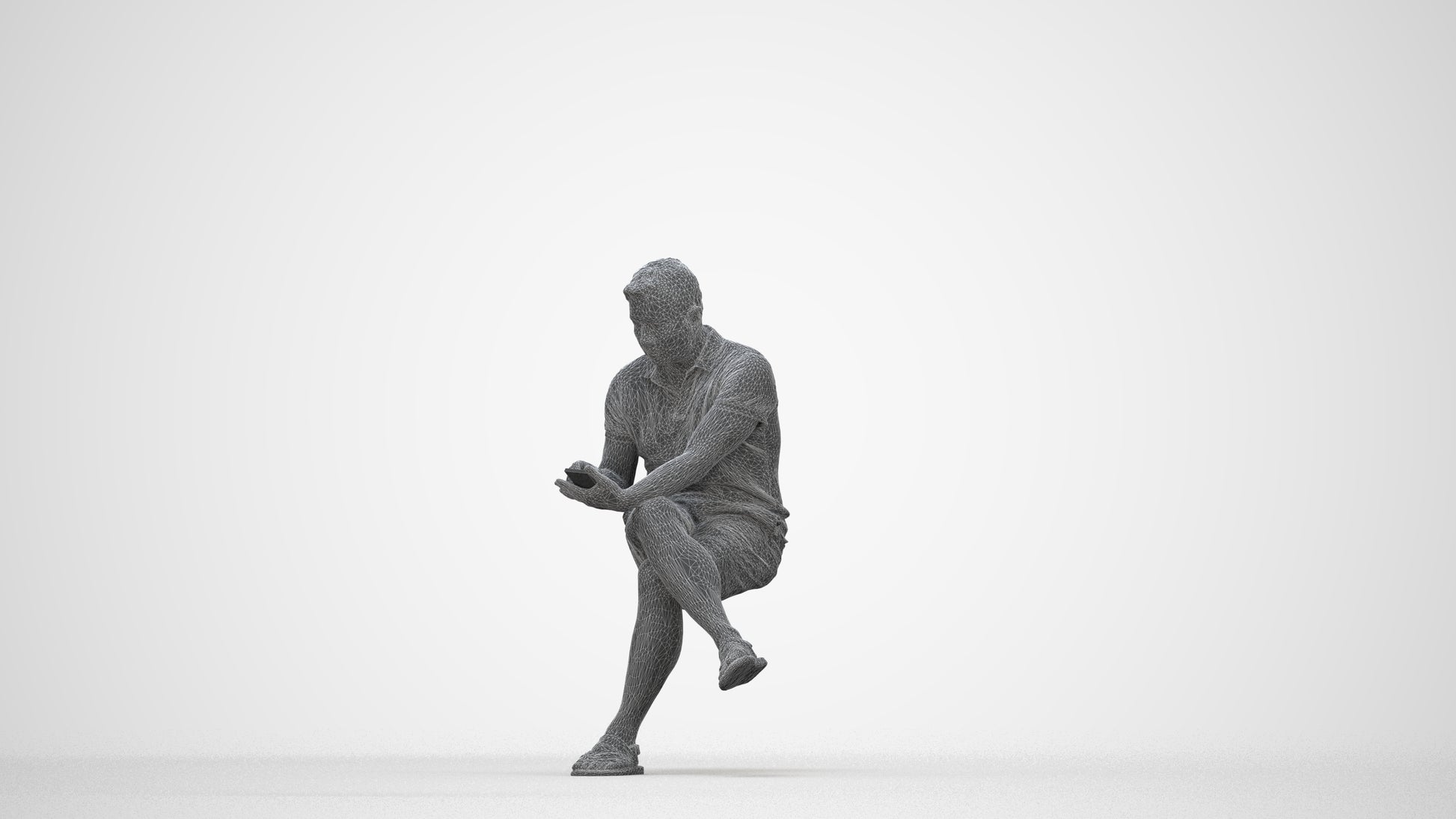 3D people model man casual sitting, scanned human for 3ds Max rendering, wireframe back view