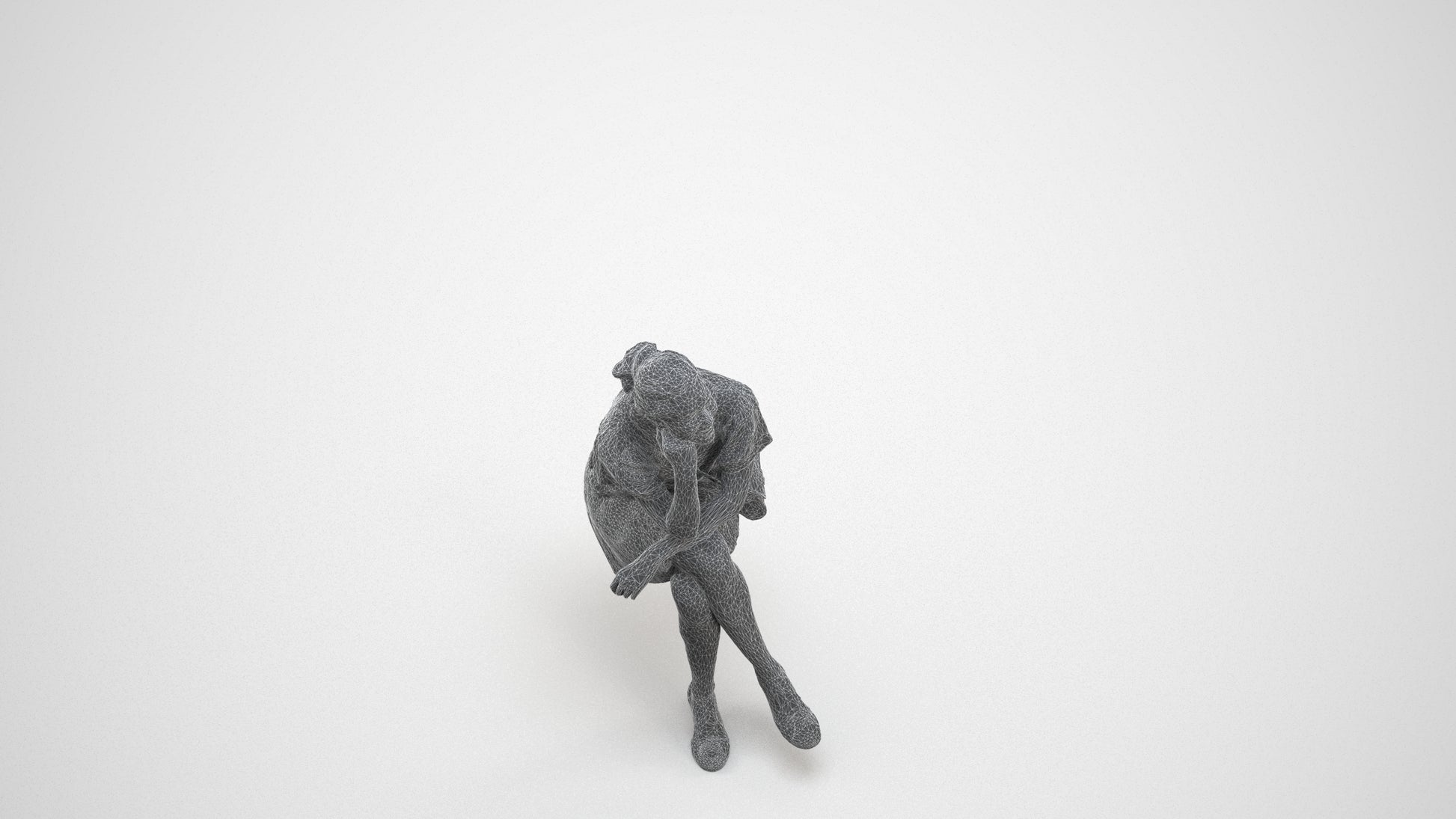 scanned 3D woman casual sitting, photogrammetry people for Enscape and V-Ray, wireframe three-quarter view