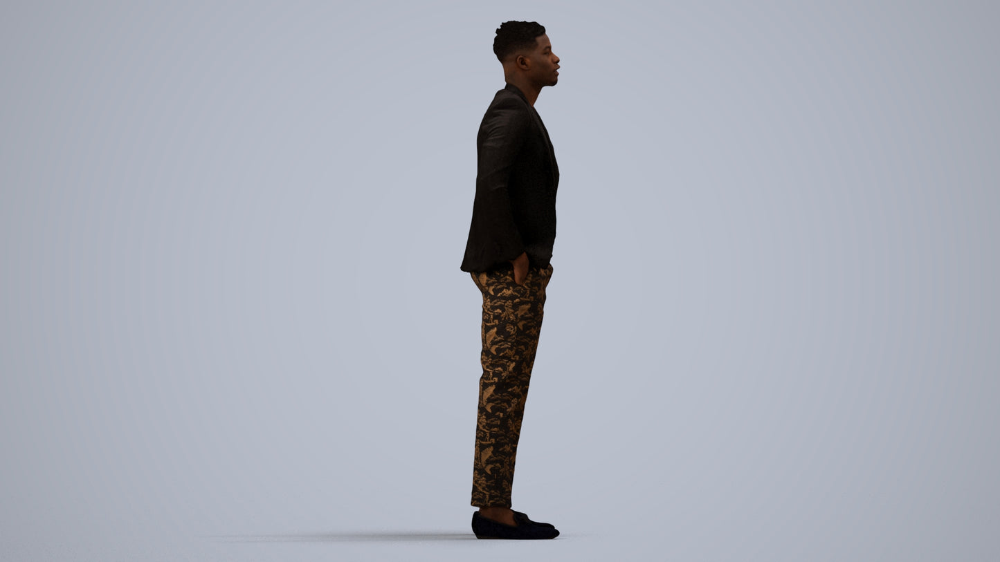 3D human model man casual formalaffairs, photogrammetry scanned person for archviz, side view render