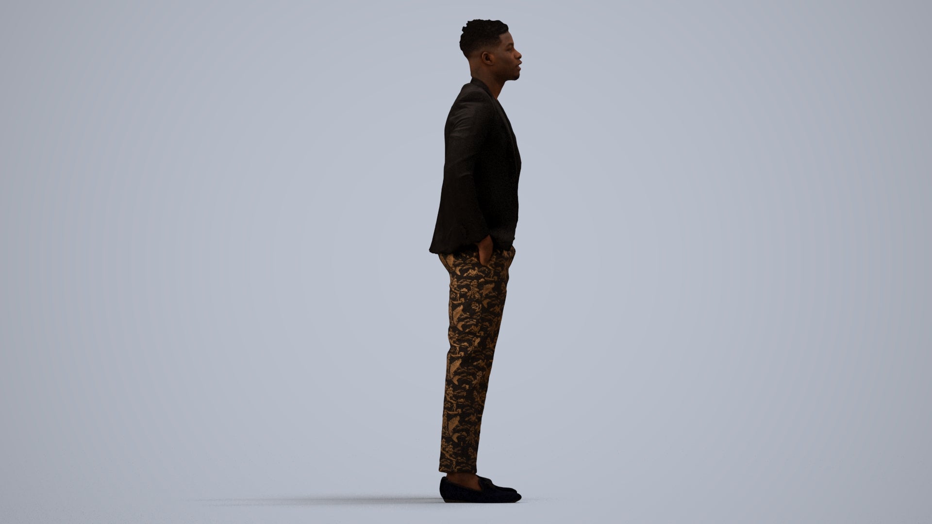 3D human model man casual formalaffairs, photogrammetry scanned person for archviz, side view render