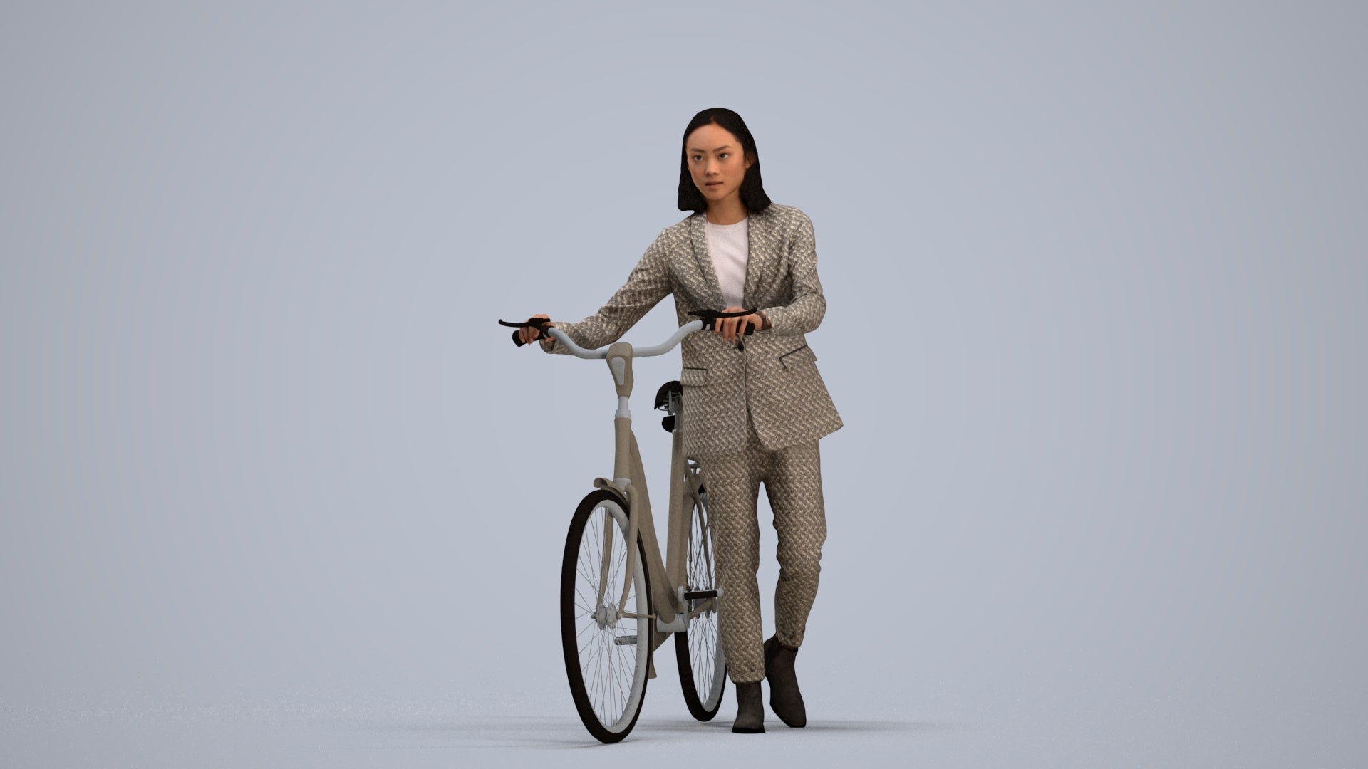 realistic 3D woman business cycling, scanned archviz people for Blender and 3ds Max, standing pose render