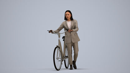 realistic 3D woman business cycling, scanned archviz people for Blender and 3ds Max, standing pose render