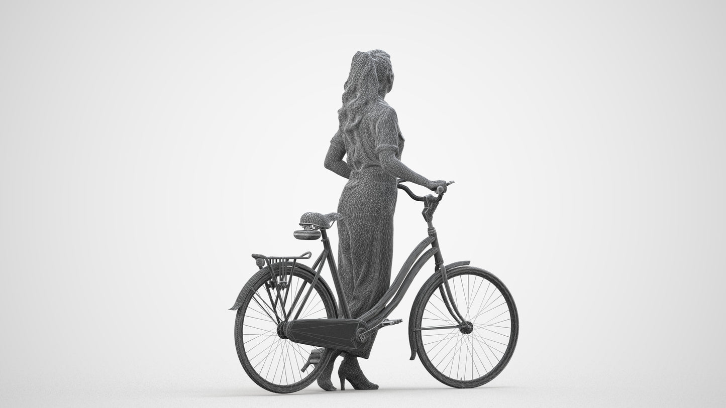 realistic 3D woman formal cycling, scanned archviz people for Blender and 3ds Max, wireframe side view