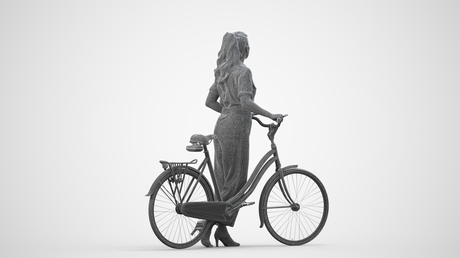 realistic 3D woman formal cycling, scanned archviz people for Blender and 3ds Max, wireframe side view