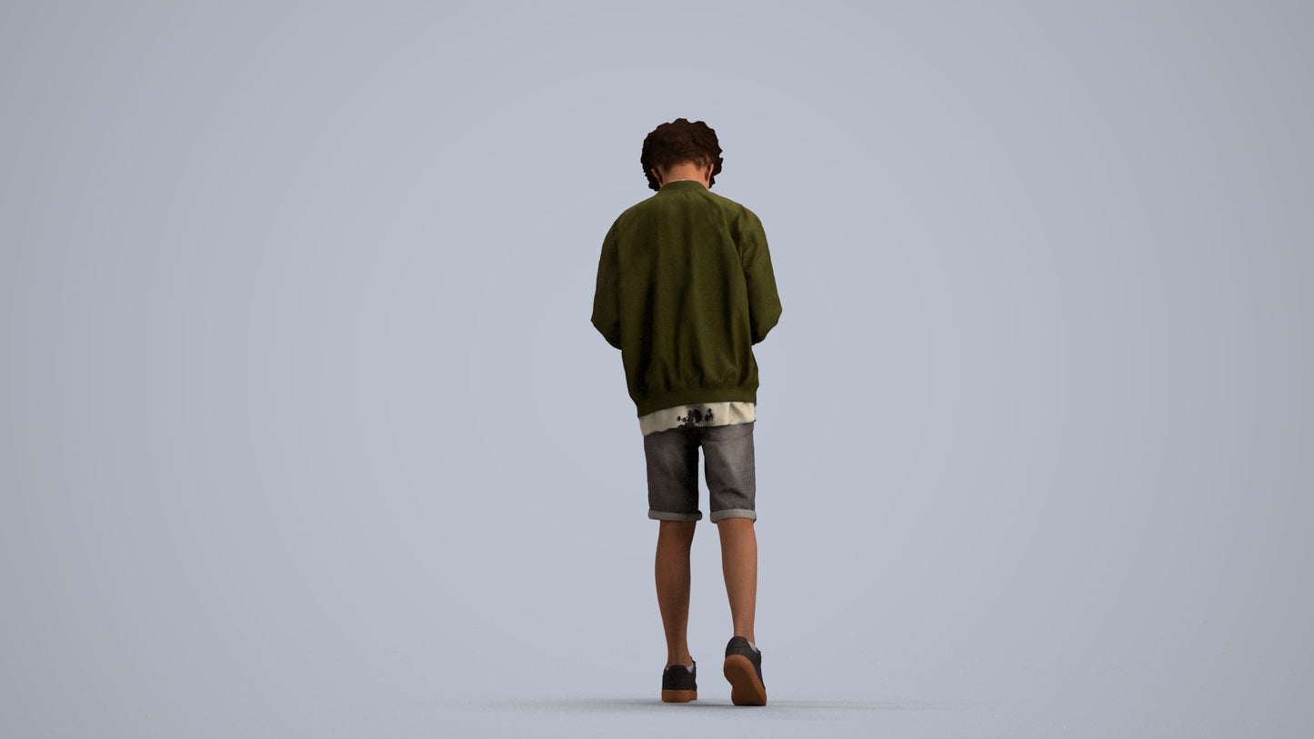 3D human model boy casual kids, photogrammetry scanned person for archviz, front view render