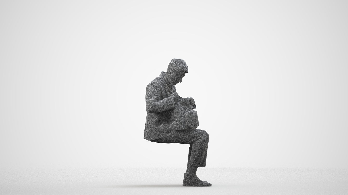 scanned 3D man casual sitting, photogrammetry people for Enscape and V-Ray, wireframe side view