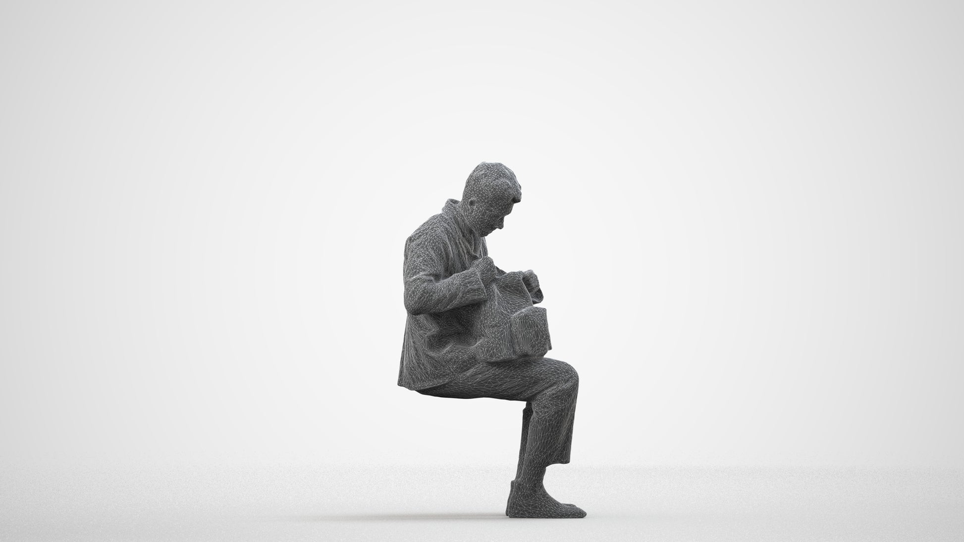 scanned 3D man casual sitting, photogrammetry people for Enscape and V-Ray, wireframe side view