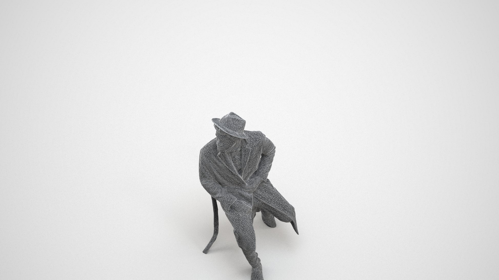 realistic 3D man formal sitting, scanned archviz people for Blender and 3ds Max, wireframe three-quarter view