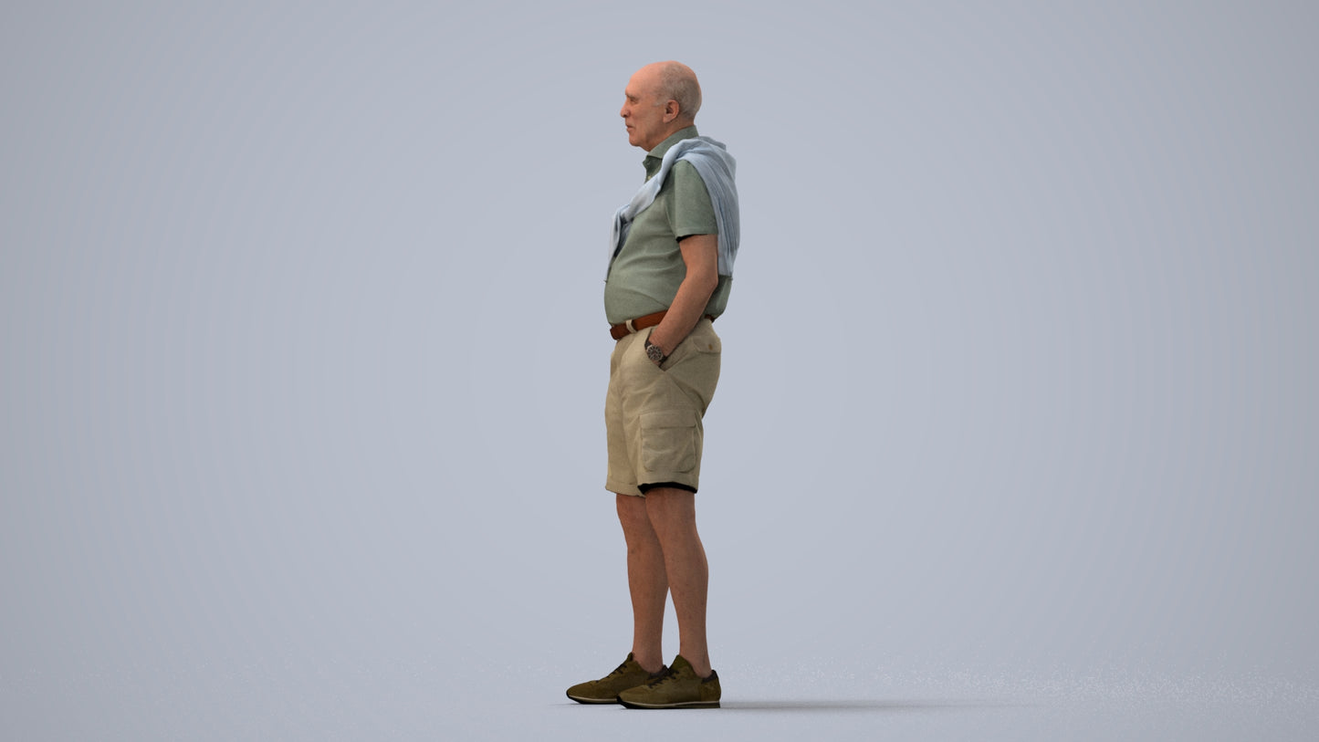 photogrammetry 3D senior man casual standing, realistic human model archviz FBX, three-quarter view render