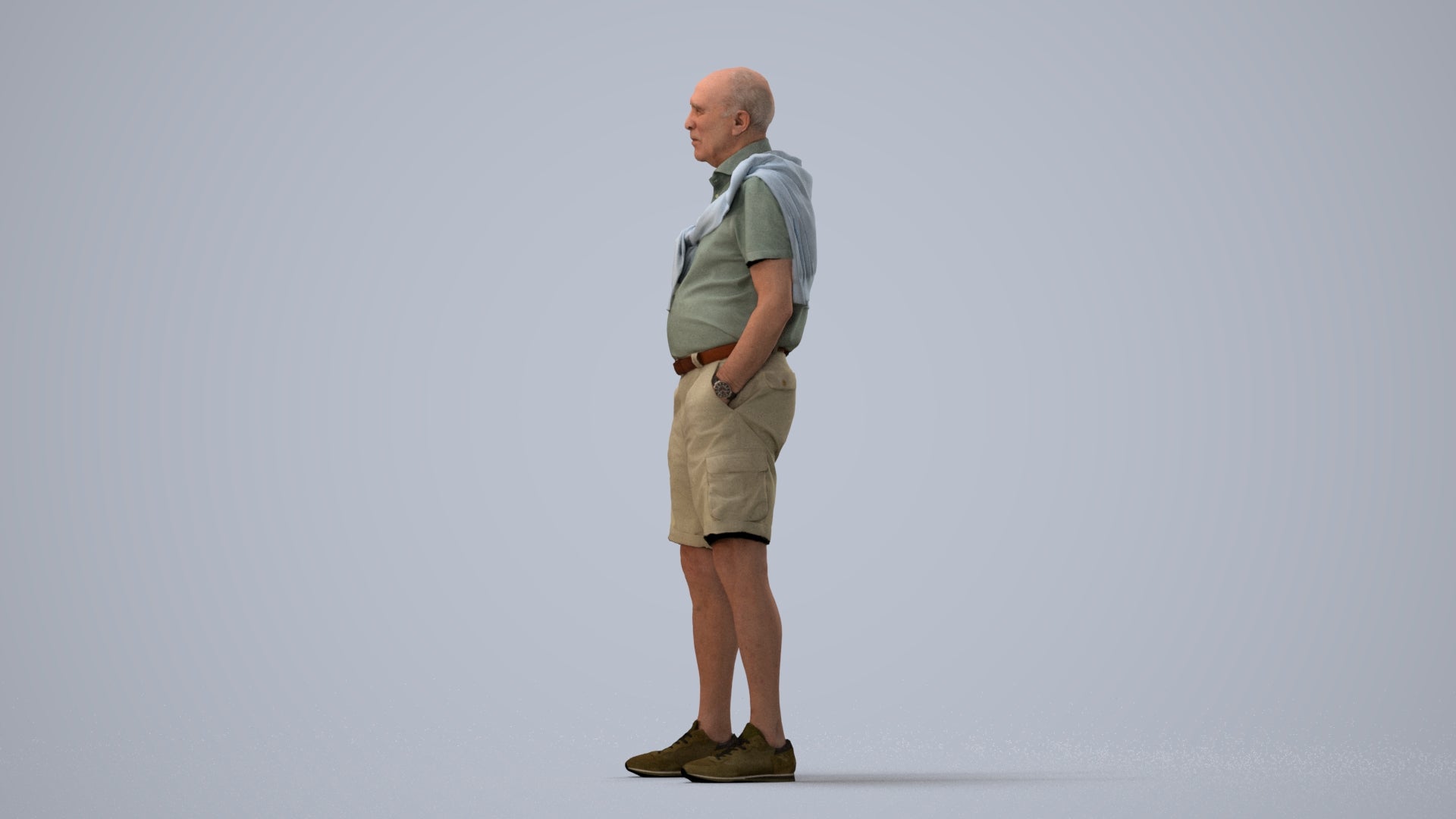 photogrammetry 3D senior man casual standing, realistic human model archviz FBX, three-quarter view render