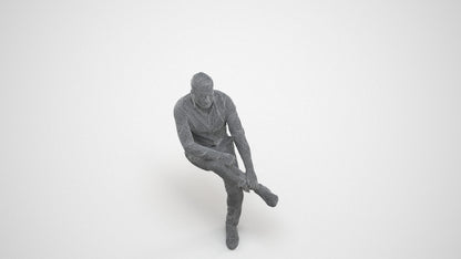 3D human model man casual sitting, photogrammetry scanned person for archviz, wireframe three-quarter view