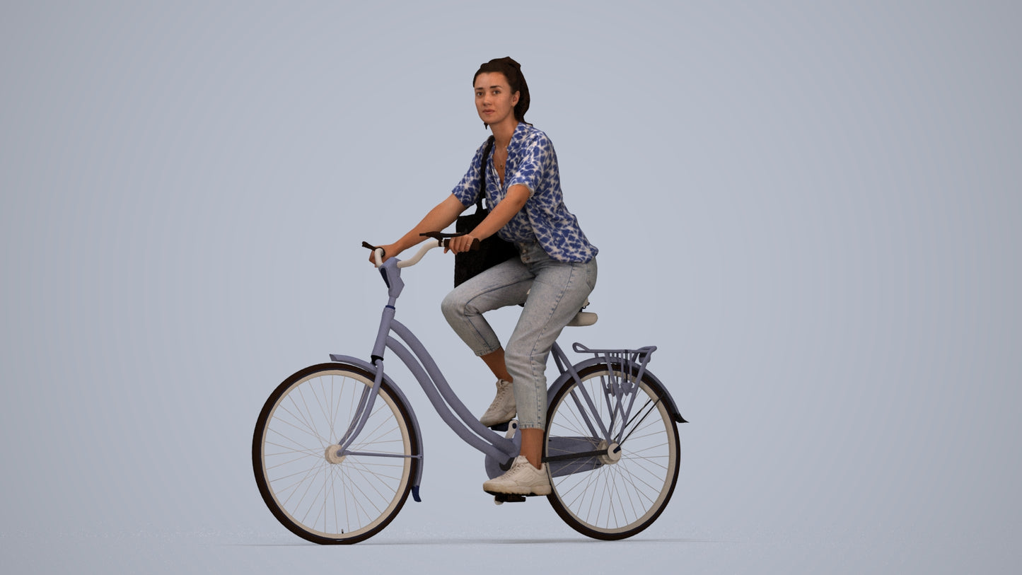 3D human model woman casual cycling, photogrammetry scanned person for archviz, top-down view render
