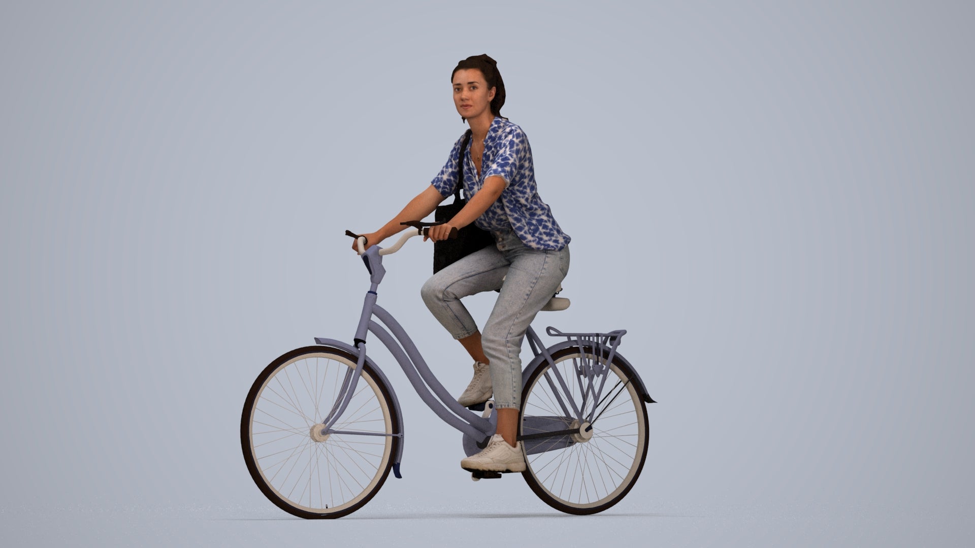 3D human model woman casual cycling, photogrammetry scanned person for archviz, top-down view render