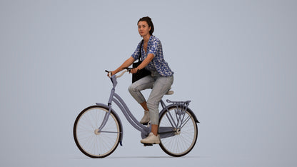 3D human model woman casual cycling, photogrammetry scanned person for archviz, top-down view render
