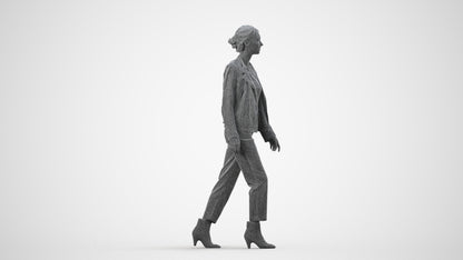 3D scanned woman walking business, photorealistic archviz people for Enscape and SketchUp, wireframe side view
