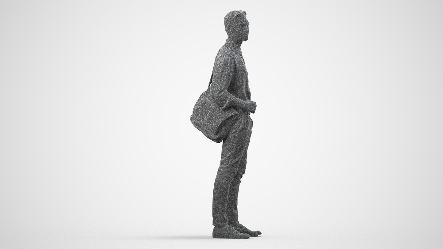 scanned 3D man casual standing, photogrammetry people for Enscape and V-Ray, wireframe side view