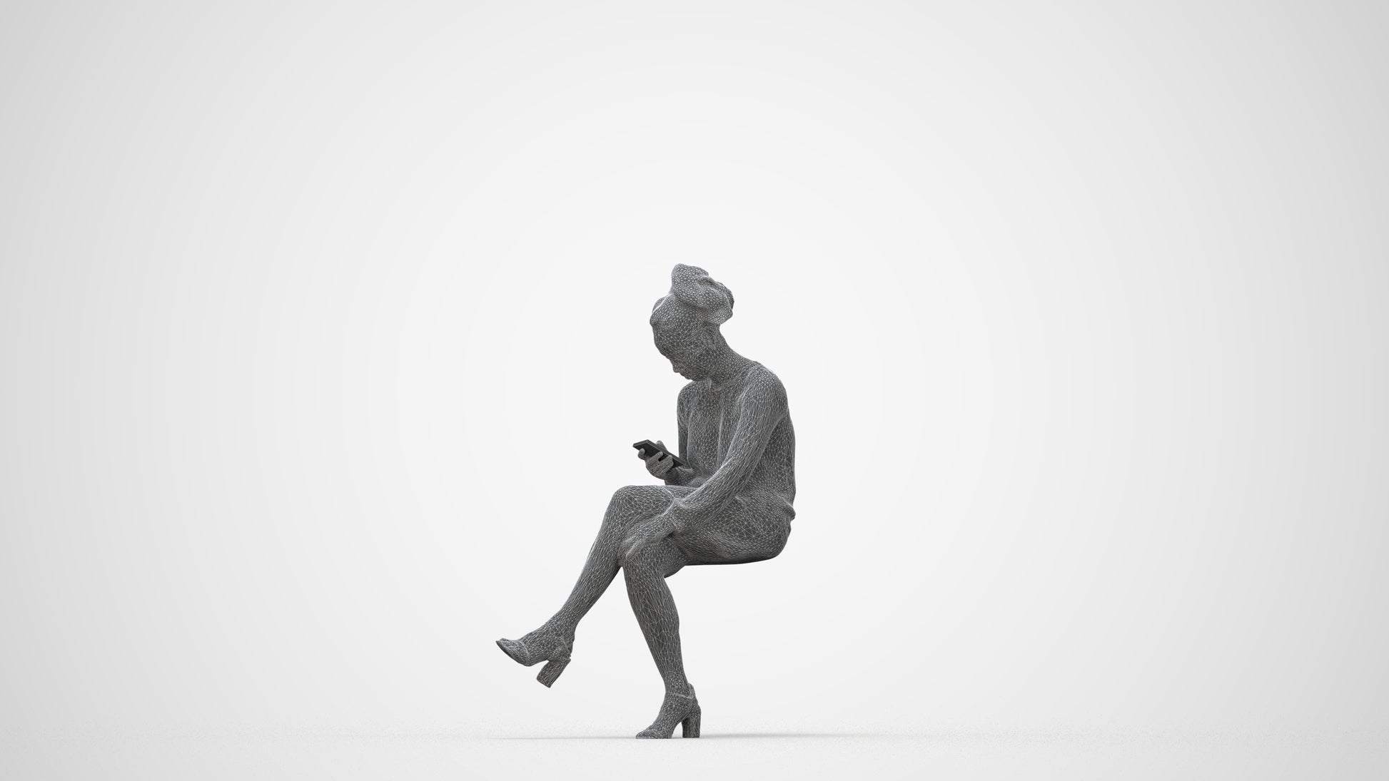 3D scanned woman sitting casual, photorealistic archviz people for Enscape and SketchUp, wireframe back view