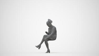 3D scanned woman sitting casual, photorealistic archviz people for Enscape and SketchUp, wireframe back view