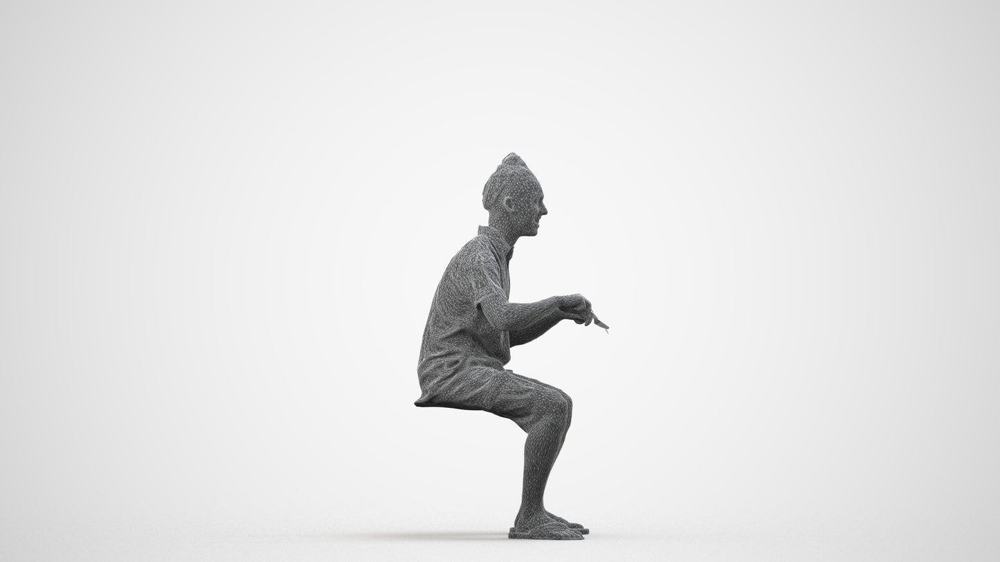 scanned 3D man casual sitting, photogrammetry people for Enscape and V-Ray, wireframe side view