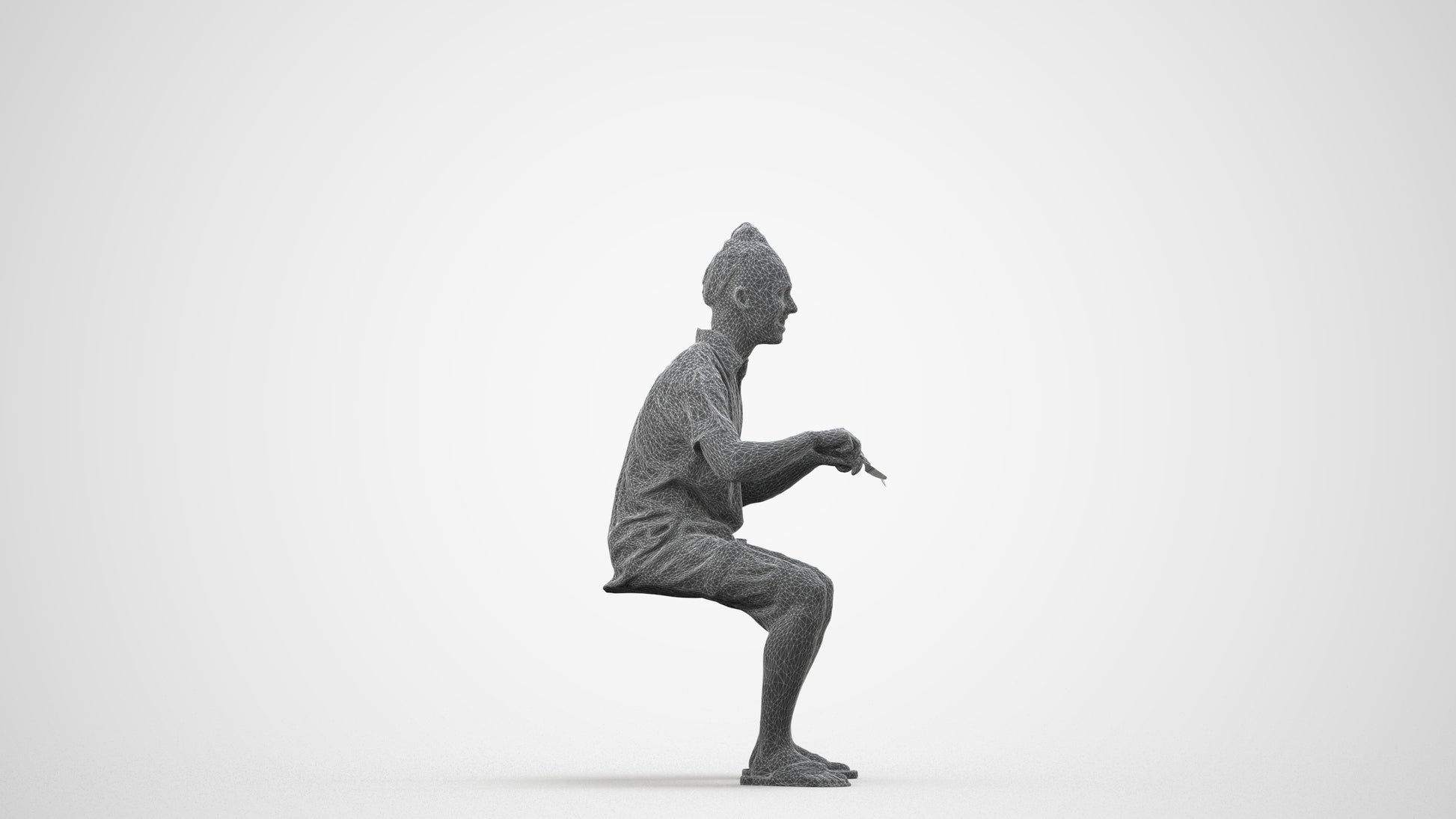 scanned 3D man casual sitting, photogrammetry people for Enscape and V-Ray, wireframe side view